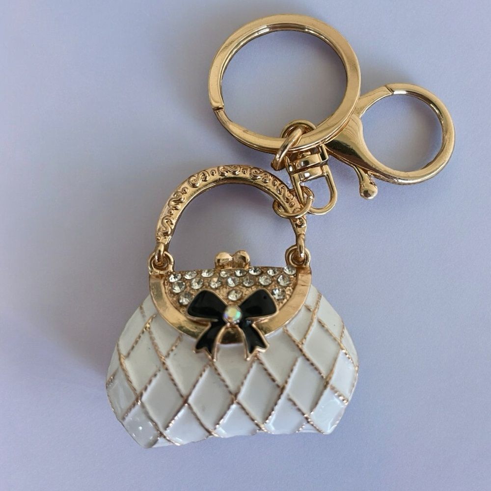 Rhinestone Purse Bag Charm Keychain White Quilted Handbag Charm Gold Tone